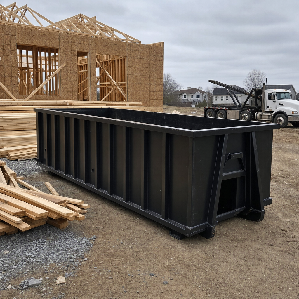 Matte-black 40-yard roll-off dumpster staged on a framed-out residential construction site in Rancho Cucamonga, framing lumber stacked nearby, hooklift delivery truck visible in the background under bright Colorado daylight