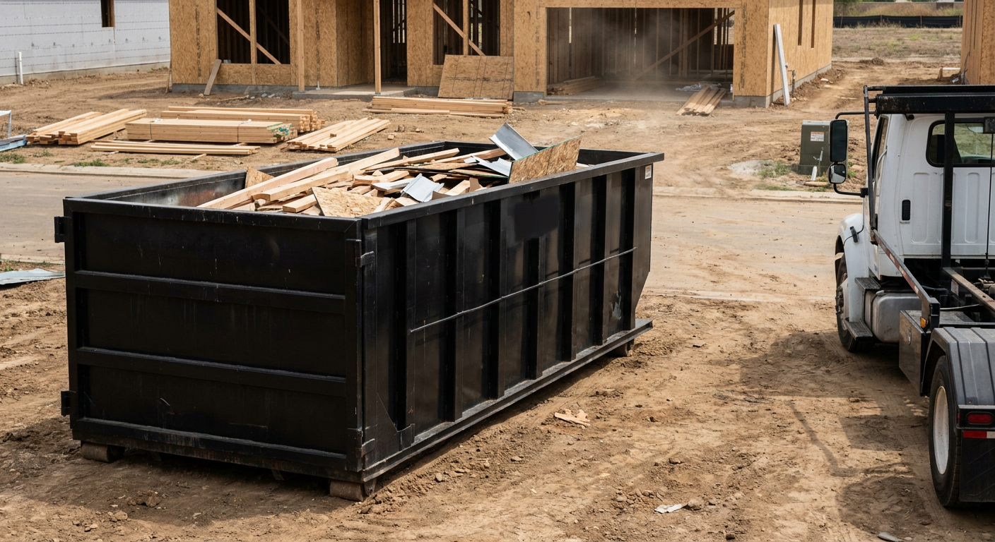 Matte-black 20-yard roll-off construction dumpster with heavy ribbed steel sidewalls and swing rear doors at a working jobsite in Rancho Cucamonga, sitting directly on compacted dirt with an unmarked white hauler partially visible at the far edge of the frame.