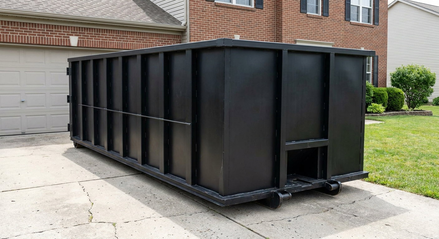 Matte-black 20-yard roll-off container on a Rancho Cucamonga residential concrete driveway with reinforced ribbed steel sidewalls and a hinged rear walk-in door, clean bright daylight.