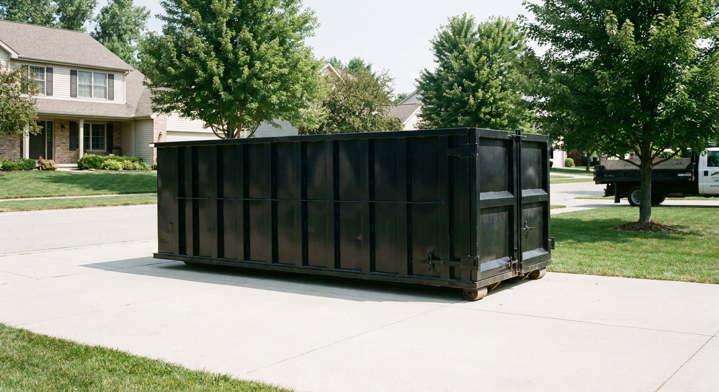 Matte-black 20-yard roll-off dumpster sitting level on a clean Rancho Cucamonga residential concrete driveway under bright daylight, demonstrating clean placement directly on the concrete.