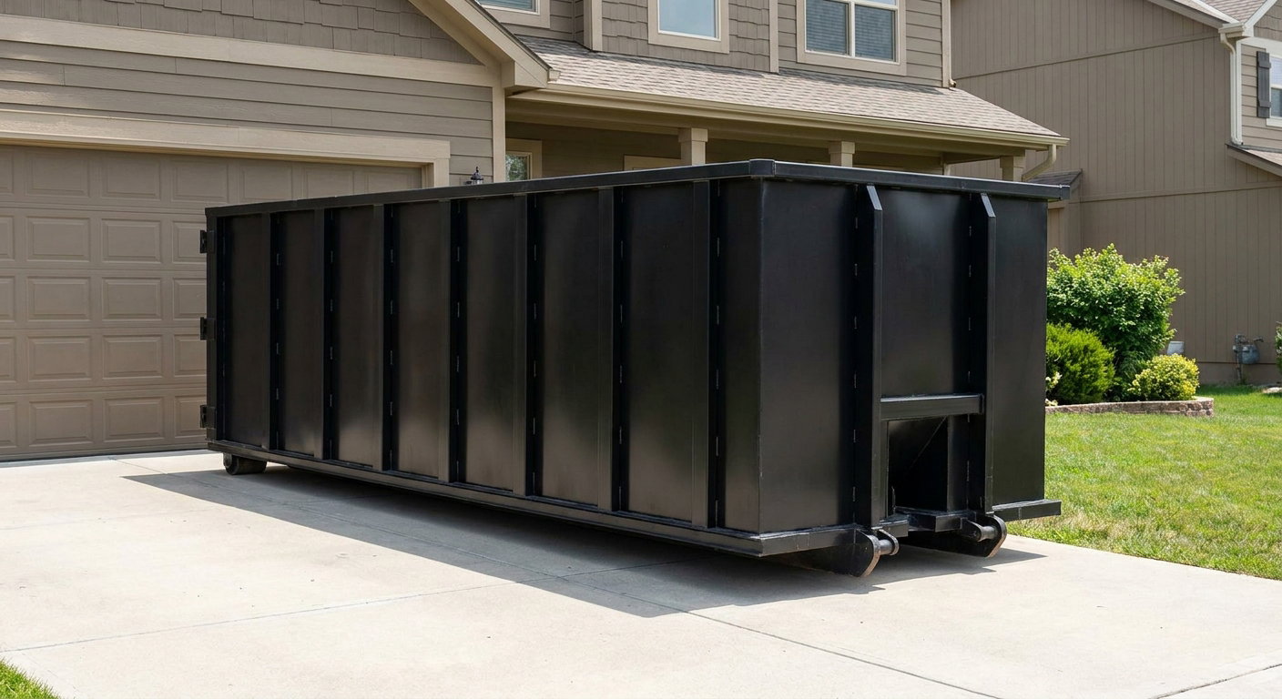 Matte-black residential roll-off dumpster sitting directly on a suburban Rancho Cucamonga concrete driveway, garage door closed, single-family home in background, bright morning daylight.