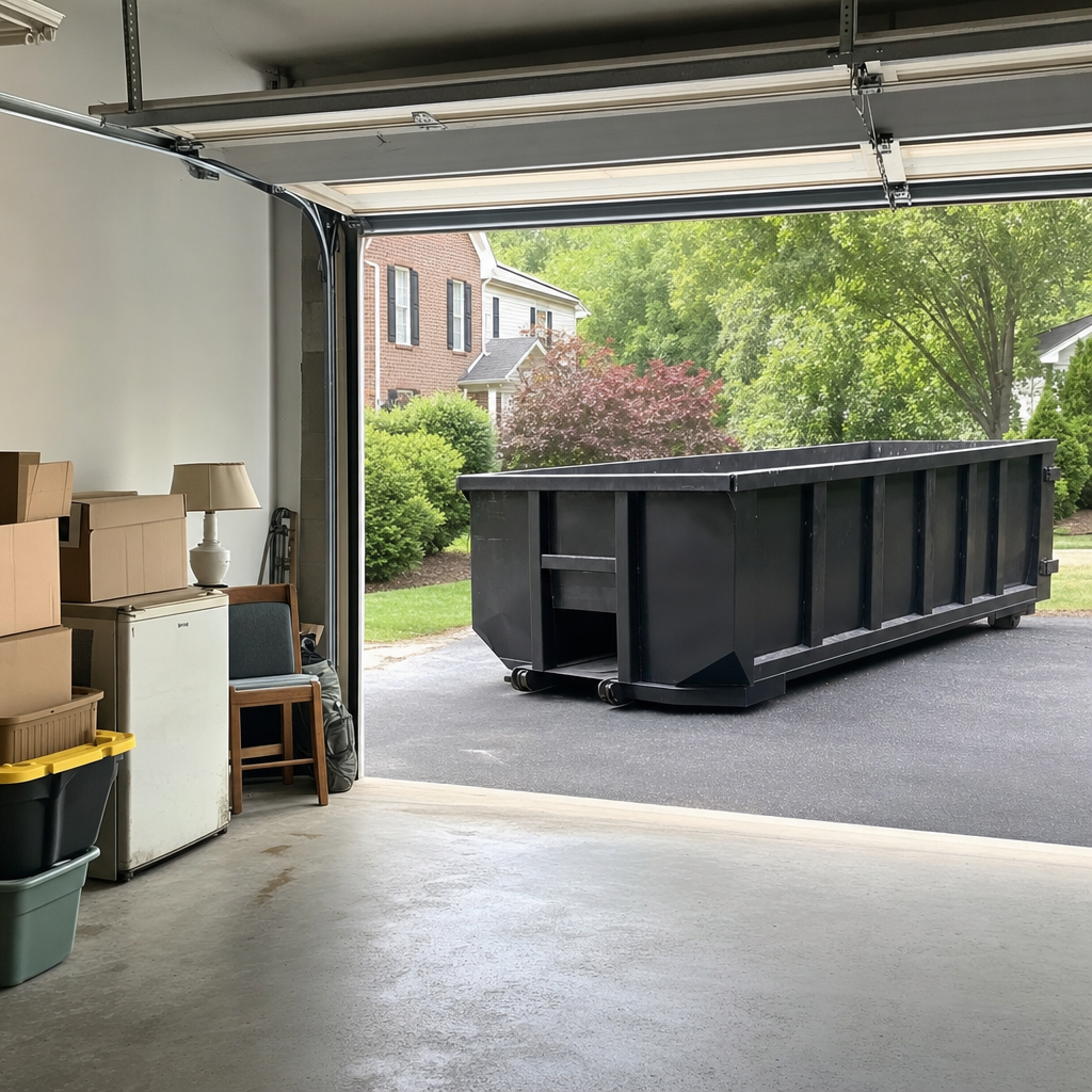 Open garage interior in a Rancho Cucamonga home mid-cleanout — boxed items, an old appliance, and stacked yard tools queued near the driveway for a matte-black roll-off dumpster, organized and calm