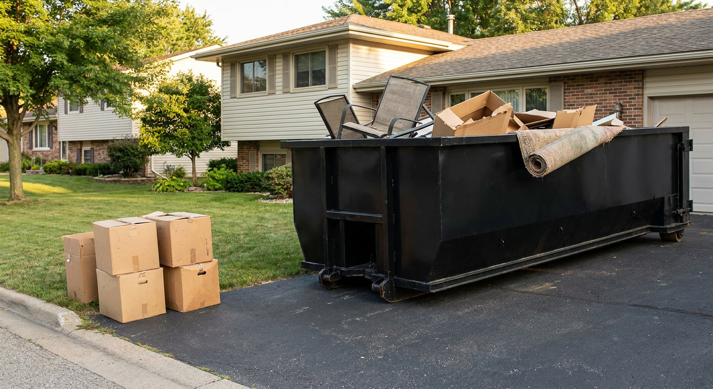 Front-yard view of a Rancho Cucamonga split-level home with a 20-yard matte-black roll-off dumpster sitting directly on the asphalt driveway, a few clearly labeled donation boxes staged at the curb, calm sunny afternoon.