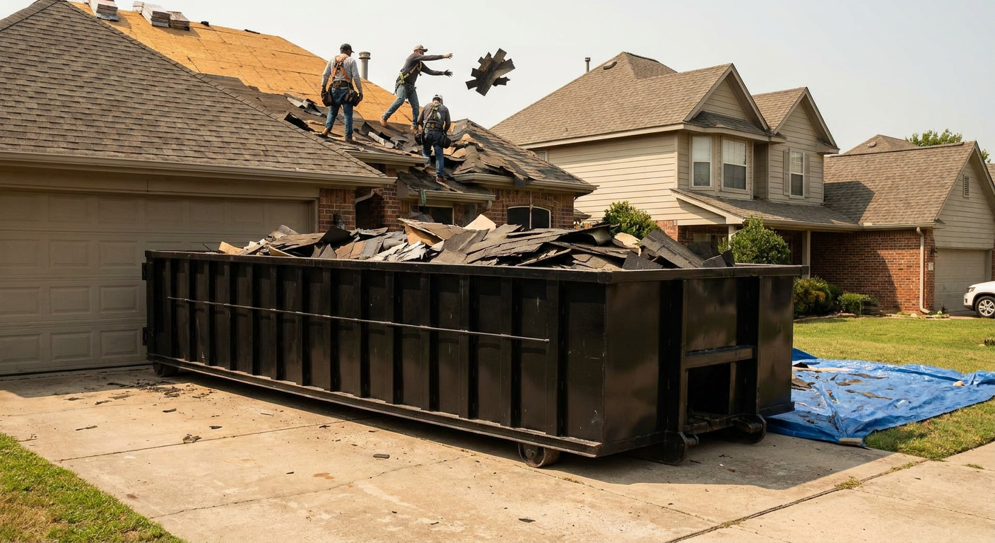 Matte-black roofing roll-off dumpster placed directly on a Rancho Cucamonga residential concrete driveway, a tear-off crew on a two-story asphalt-shingle roof tossing shingle bundles into the low-walled container, bright daylight, documentary 35mm perspective.