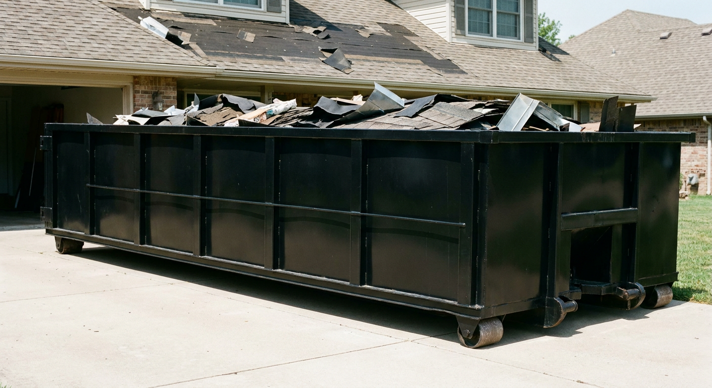 Matte-black 20-yard roofing roll-off dumpster with steel ribbed sides and swinging rear door, sitting directly on the concrete driveway of a two-story Rancho Cucamonga home, asphalt shingle debris being loaded over the low wall, clean documentary lighting.