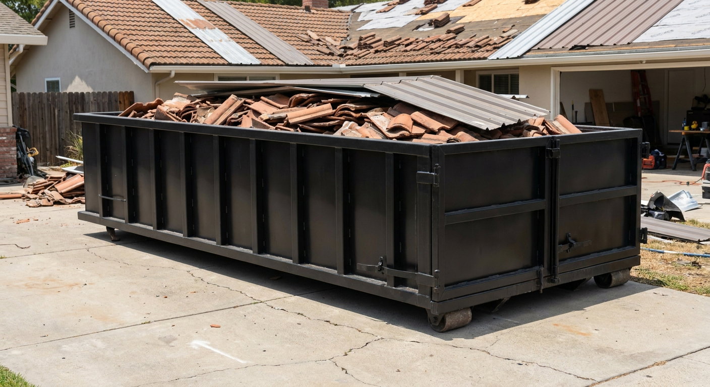 Matte-black low-wall heavy-debris roofing roll-off dumpster sitting directly on a Rancho Cucamonga concrete driveway, broken concrete clay roof tiles and metal panel sections loaded inside, reinforced ribbed steel side walls visible, bright outdoor daylight.