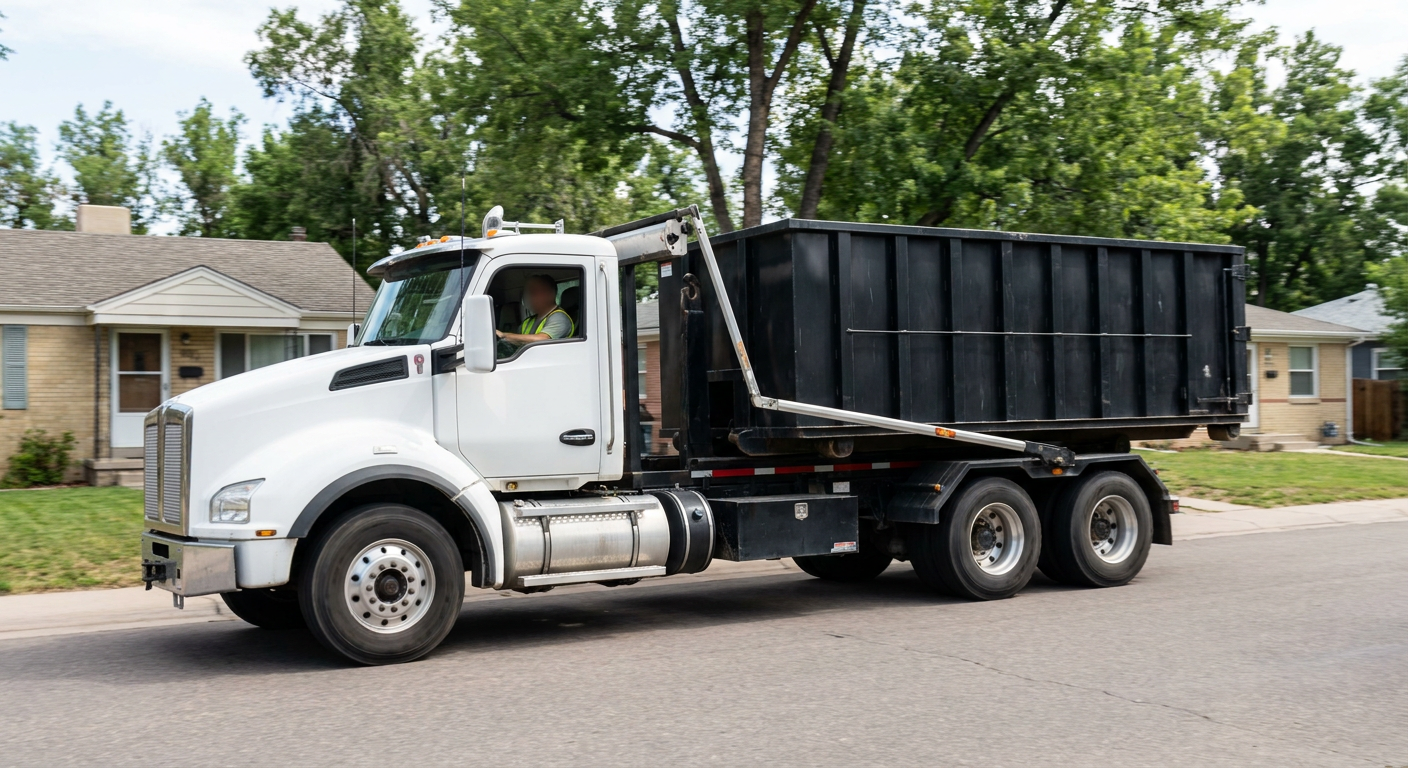 A wide documentary shot of a matte-black roll-off delivery truck pulling onto a quiet Rancho Cucamonga residential street at mid-morning, with neighborhood rooftops and tree-lined blocks visible behind, showing the metro coverage footprint.