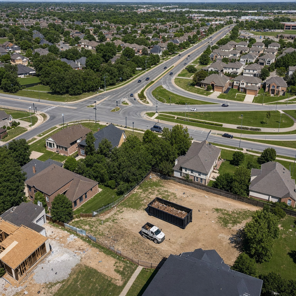 An overhead documentary view of the Rancho Cucamonga metro area at midday, showing the spread of neighborhoods, arterial roads, and the dispatch radius from a central yard — clean daylight, organized geographic layout.