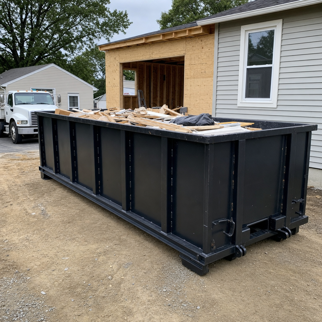 A matte-black 30-yard roll-off dumpster positioned at a Rancho Cucamonga residential addition jobsite, with framing lumber and drywall scraps loaded through the open swinging rear doors.