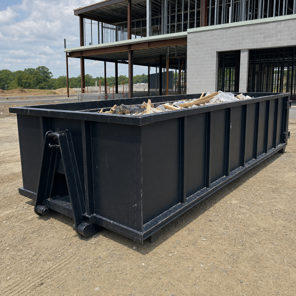 A matte-black 40-yard roll-off dumpster staged on a large Rancho Cucamonga commercial construction lot, with a hooklift delivery truck parked alongside under bright midday sky.
